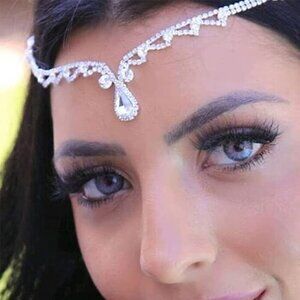 Women Bridal Rhinestone Gold Forehead Head Chain Clip Headband Boho Crystal Tear